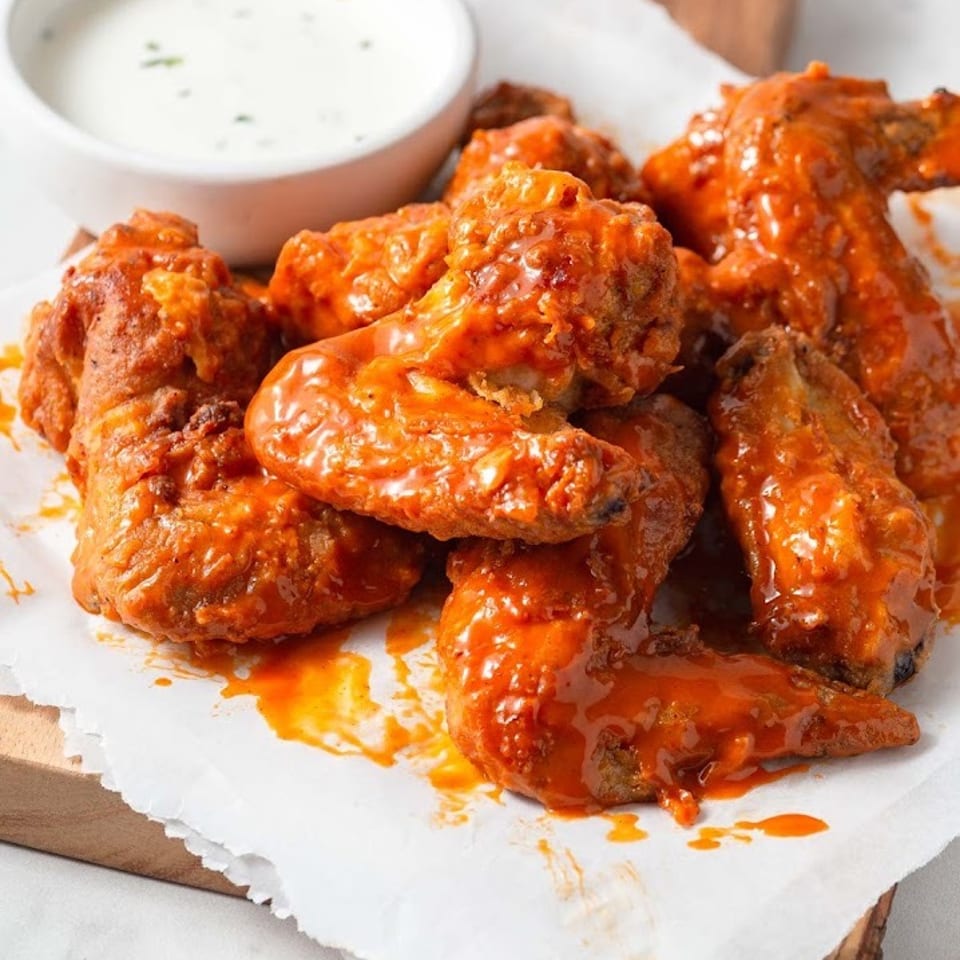 Buffalo wings coated in orange sauce, served on parchment paper with a side of ranch.